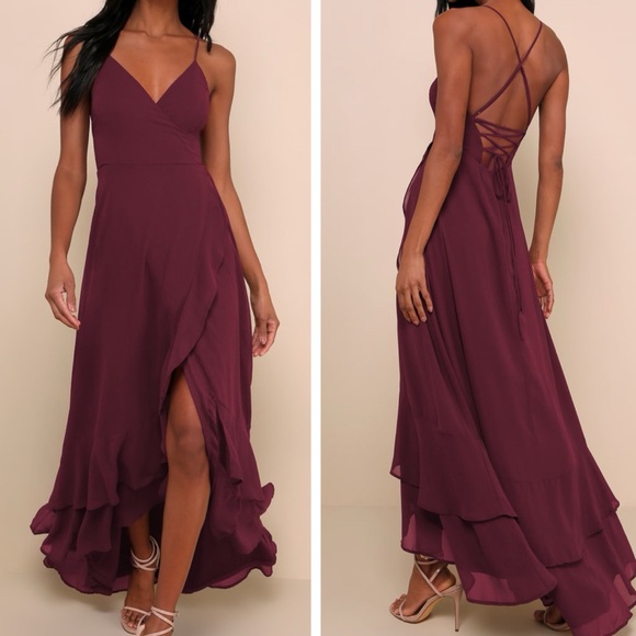 ✨NWT Lulu's In Love Forever Plum Lace-Up High Low Maxi Dress - Picture 1 of 11